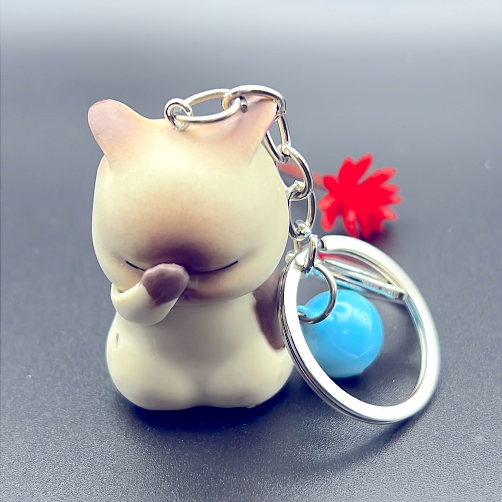 RESIN CUTE LUCKY CAT WITH BLUE BELL KEYCHAIN BAG PURSE ORNAMENT PENDANT